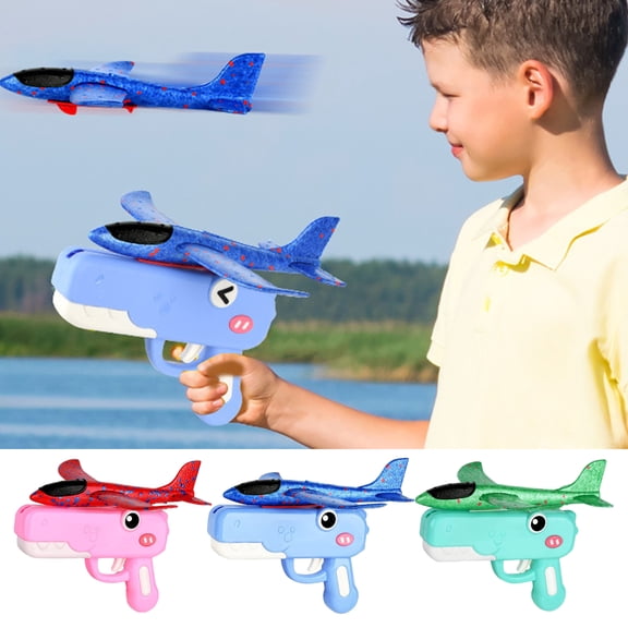 Foam Bombs Dinosaur Airplane Launcher Toy Set Soft Foam Glider Plane with Catapult Mechanism Lightweight Outdoor Flying Toy for Kids Birthday Gifts