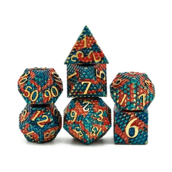 Foam Brain Games Dragon Scale Poly Set - Blue-Fire w/Gold (7) New