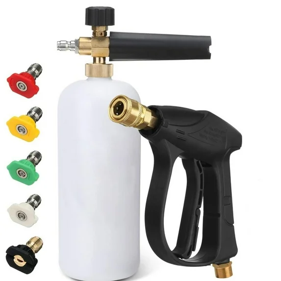Cañón de espuma para hidrolavadora 3000 Psi, pistola de espuma de alta presión para lavado de autos con conector rápido de 1/4 pulgada. Rosca (1*botella 1*pistola 5*boquilla)