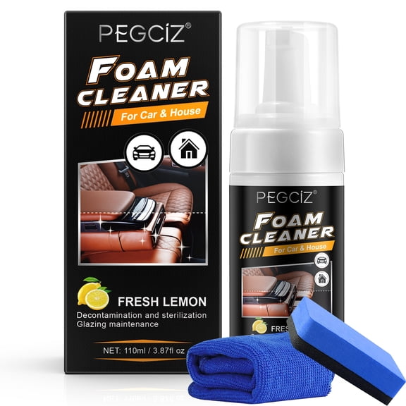 Foam Cleaner for Car Interior & Home with Sponge & Towel - 110ml All Purpose Cleaner Spray for Leather, Vinyl, Plastic, Dashboard - Deep Cleaning, UV Protection with Fresh Lemon Scent