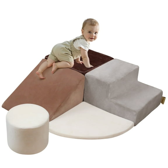 Foam Climber Playground – 5pcs Toddler Climbing Blocks with Round Cylinder, Indoor Soft Play Set, Climb and Crawl Educational Toys,Coffee Gray