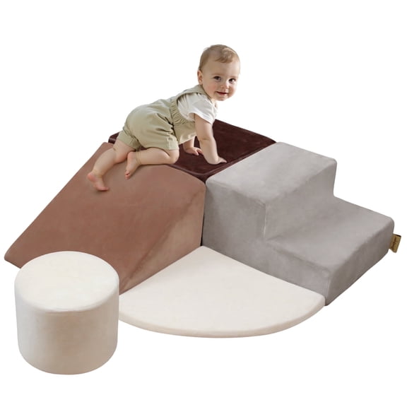 Benarita Foam Climber Playground – 5pcs Toddler Climbing Blocks with Round Cylinder, Indoor Soft Play Set, Climb and Crawl Educational Toys,Coffee Gray