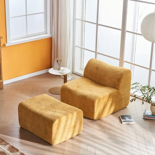 Foam Compression Sofa Chair, Single Lounge Chair with Adjustable Footrest and Included Pillow, Velvet Upholstered Modern Minimalist Chair for Small Space, Living Room, Bedroom, or Dorm, Yellow