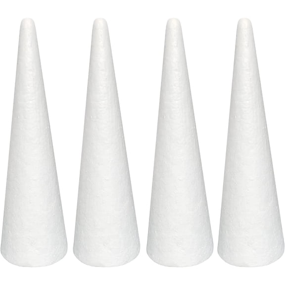 Foam Cones for DIY Arts and Crafts (3.55 x 11.8 in, 4 Pack), White Polystyrene Christmas Tree Foam Cones Craft Supplies, for DIY Home Craft Project, Christmas Tree, Table Centerpiece
