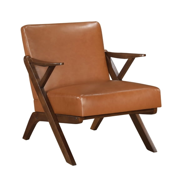 Foam Cushioned Accent Chair In Brown Faux Leather And Solid Wood Living Room Furniture: With Rubberwood Construction