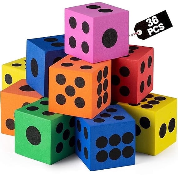 Foam Dice Set - Bulk Pack of 36, 1.5 Inch Large Assorted Colorful Foam Dice Cubes with Number Dots, Use for Kids, Classrooms, Math Games, Building Toys, Party Supplies by Bedwina