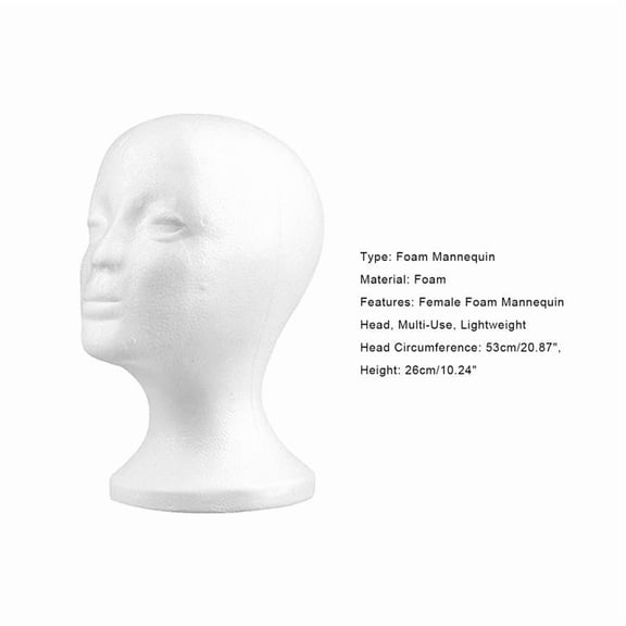 Foam Female Mannequin Head, Smooth Surface Stylish Look, Stable Base Design, High-Quality Foam Durable and Safe, 53cm Head Circumference 26cm Height, for Wigs Hats Glasses Headwear and More