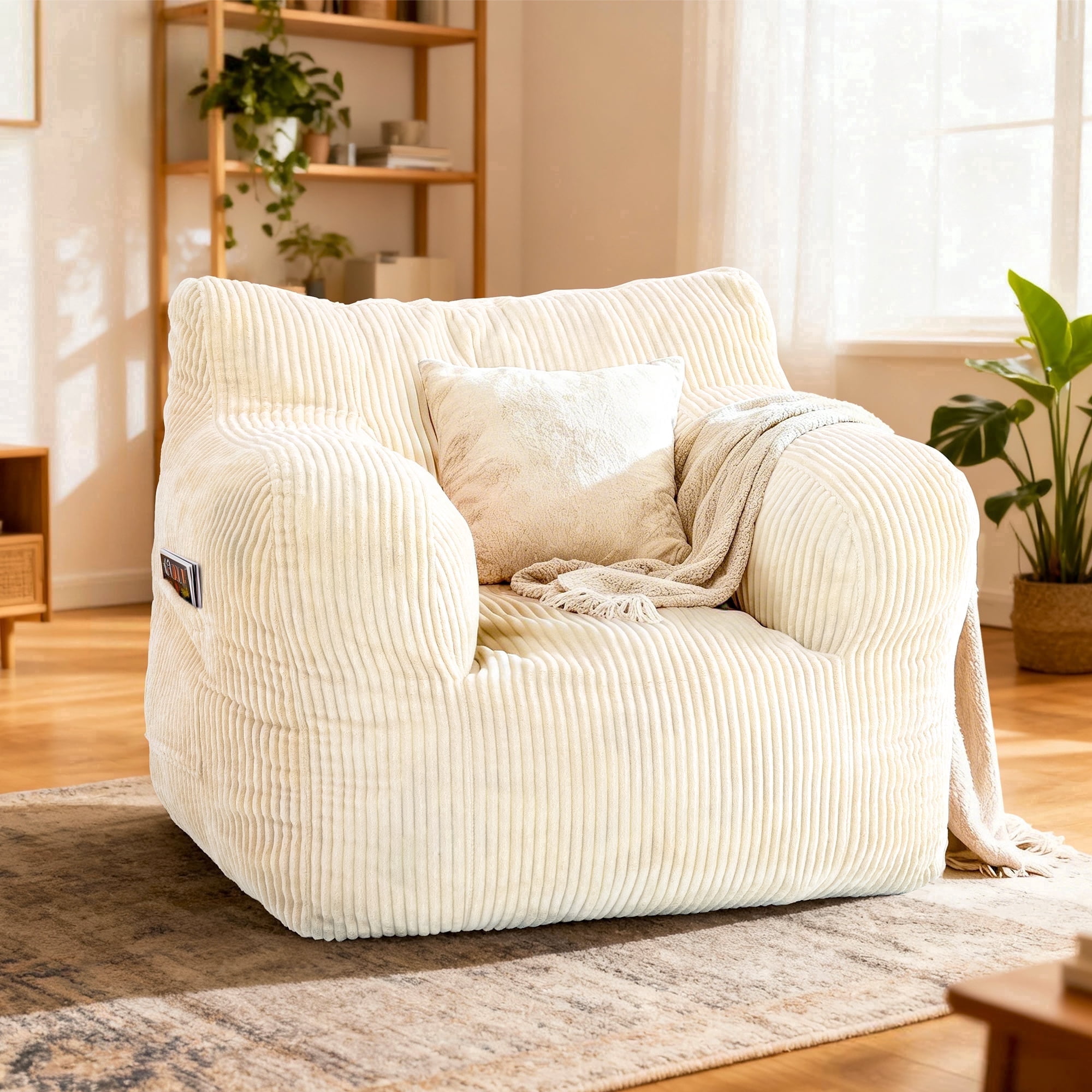 Foam Filled Bean Bag Chair, Plush Corduroy Lazy Sofa