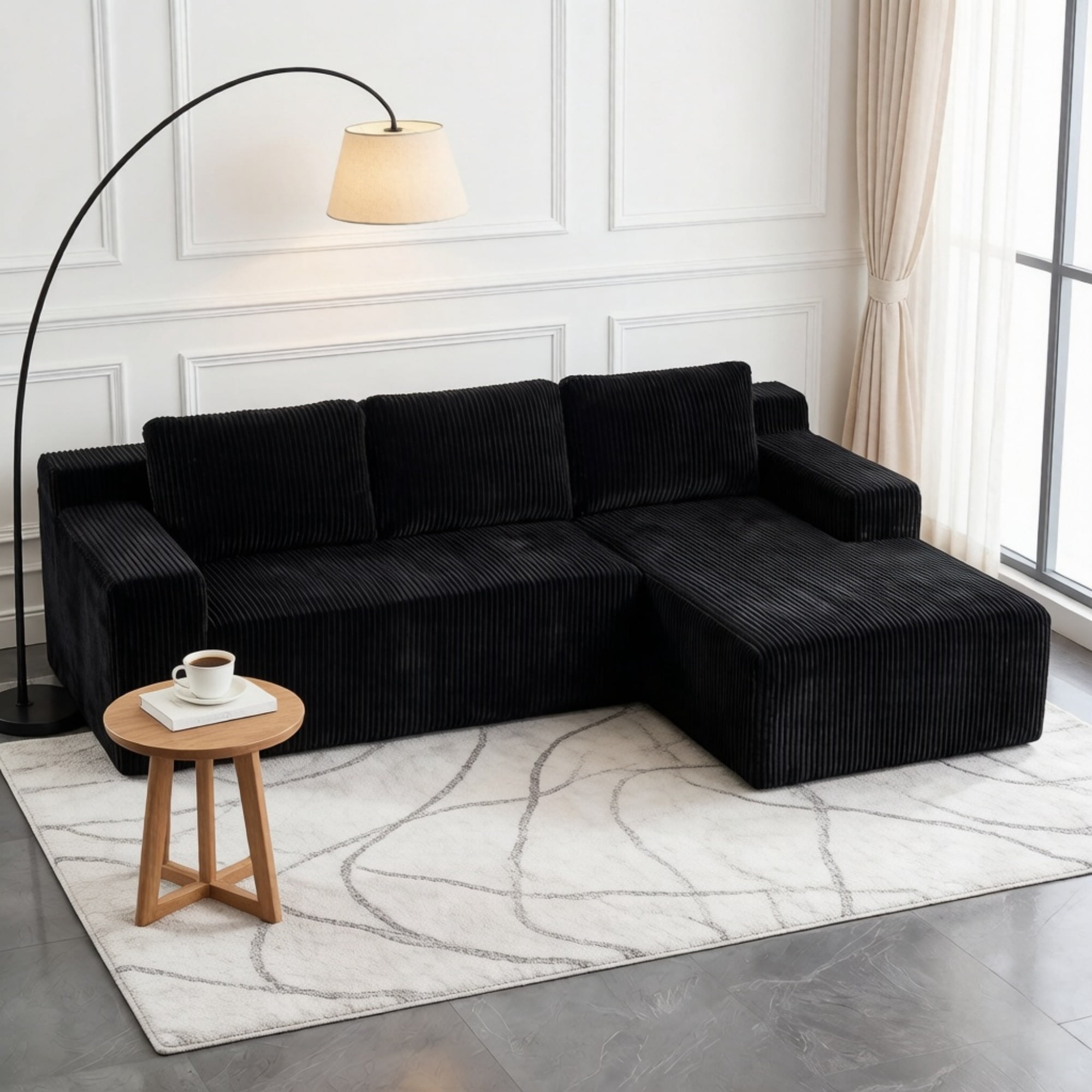 Foam-Filled Compressed Boneless 3-Seat Sectional Sofa with Chaise, Corduroy Modular Upholstered L-Shaped Couch Set