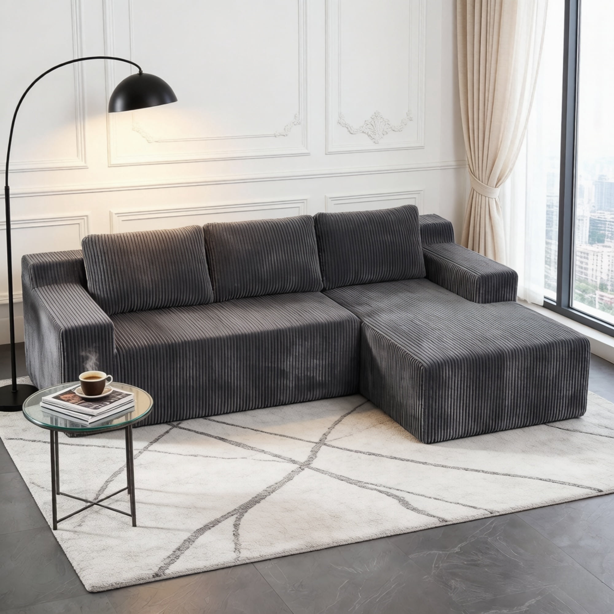 Foam-Filled Compressed Boneless 3-Seat Sectional Sofa with Chaise, Corduroy Modular Upholstered L-Shaped Couch Set