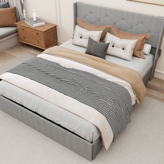 Foam Filled Full Bed Frame with Gas Lift | Charge Devices and Store Essentials in Bedroom