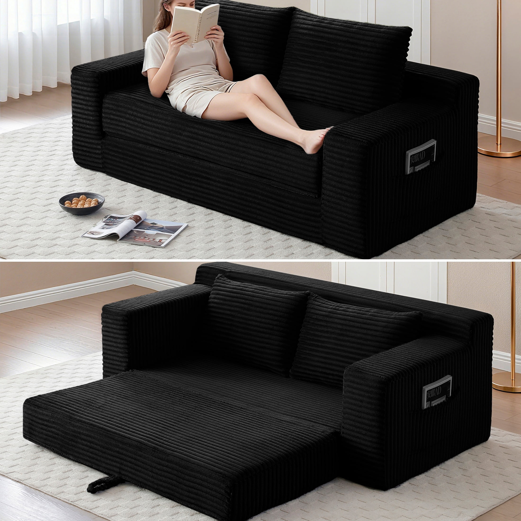 Foam Filling No Assembly Oversized 3-Seater Loveseat Sofa, 2-in-1 Convertible Folding Couch, Corduroy Floor Chaise Lounge Bed