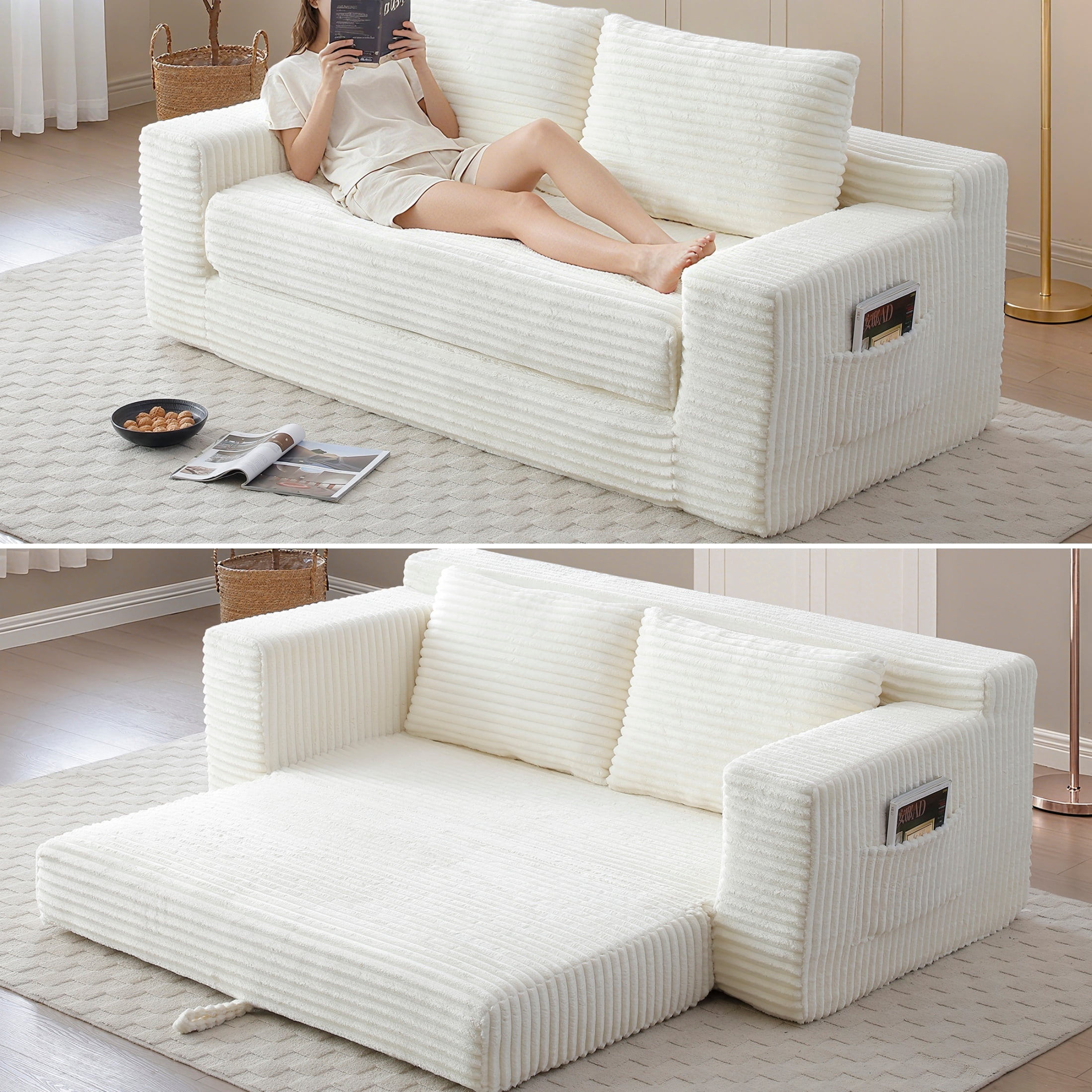 Foam Filling No Assembly Oversized 3-Seater Loveseat Sofa, 2-in-1 Convertible Folding Couch, Corduroy Floor Chaise Lounge Bed