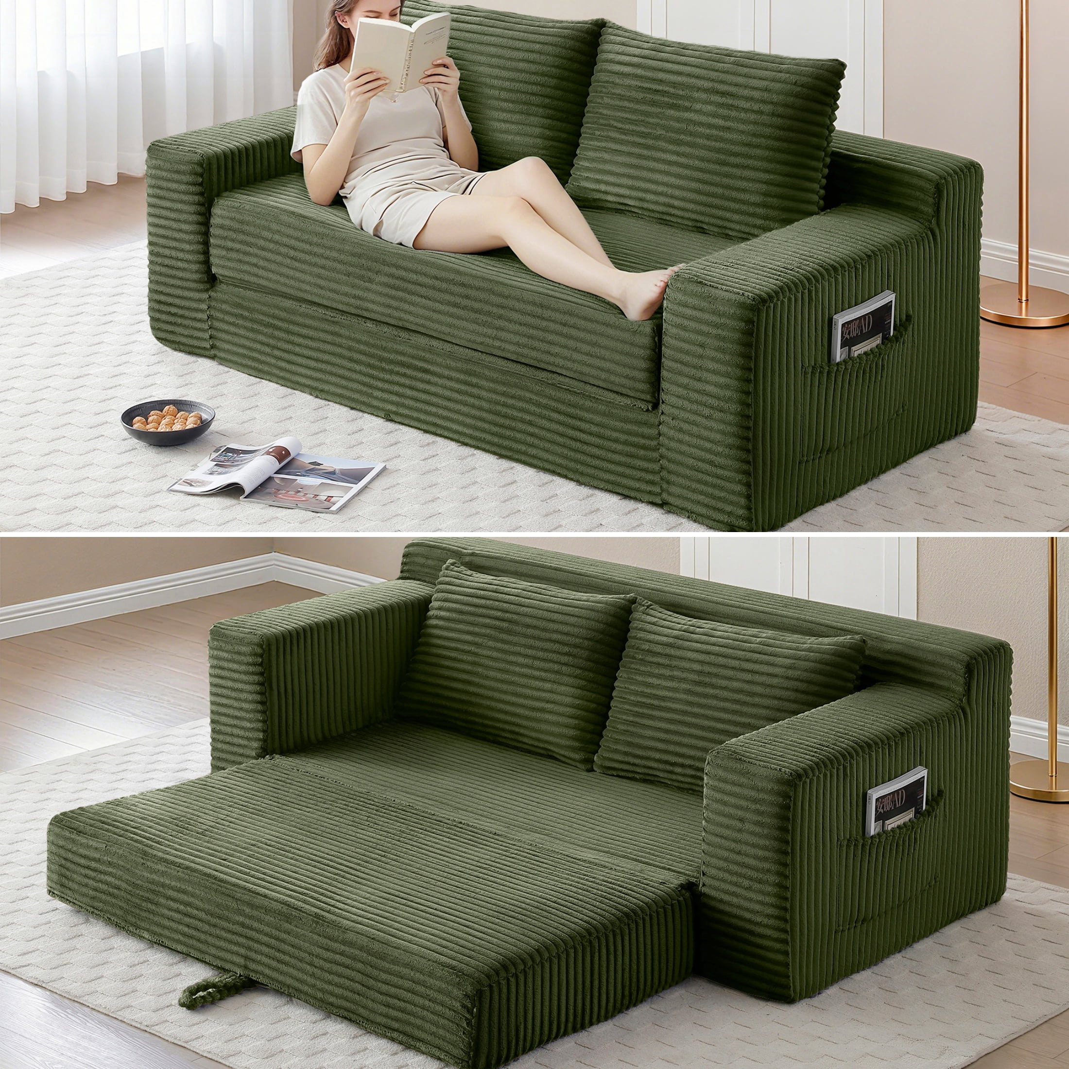 Foam Filling No Assembly Oversized 3-Seater Loveseat Sofa, 2-in-1 Convertible Folding Couch, Corduroy Floor Chaise Lounge Bed