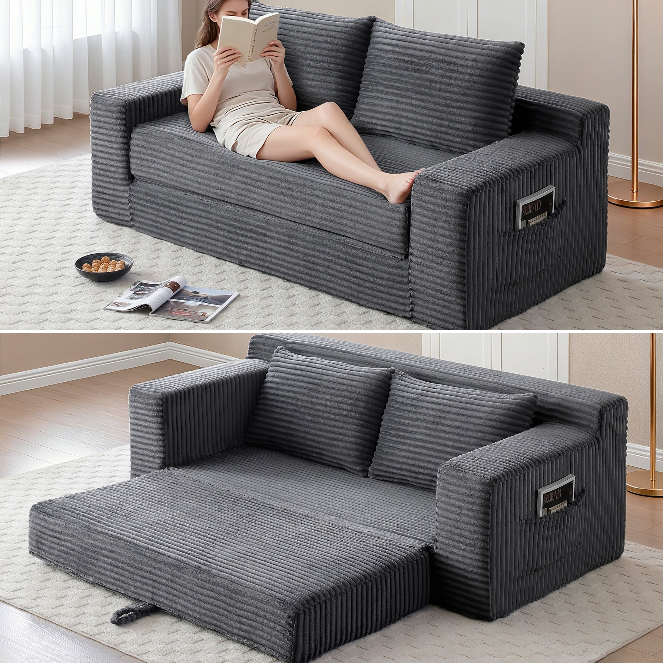 Foam Filling No Assembly Oversized 3-Seater Loveseat Sofa, 2-in-1 Convertible Folding Couch, Corduroy Floor Chaise Lounge Bed