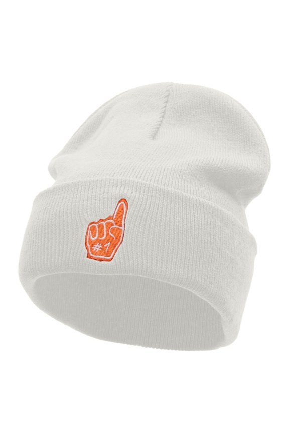Foam Finger Embroidered 12 Inch Long Knitted Beanie - White OSFM