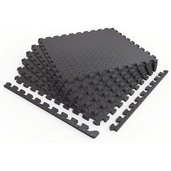 Foam Floor Gym Mats with Interlocking Tiles, .47" Thick, 24"x24",6-Pack, 24 Square Feet, Diamond Plate Design, Grey