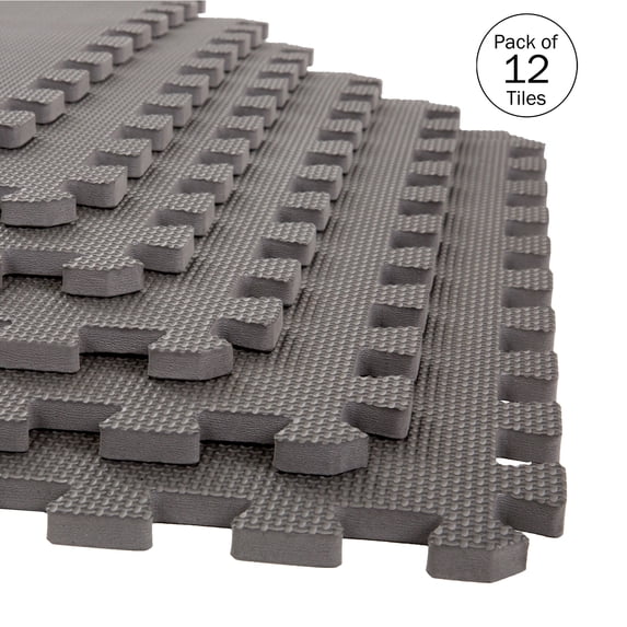 Foam Flooring Tiles – 12-Pack Interlocking EVA Foam Pieces – Non-Toxic Floor Padding for Playroom, Gym, or Basement by Stalwart (Gray)