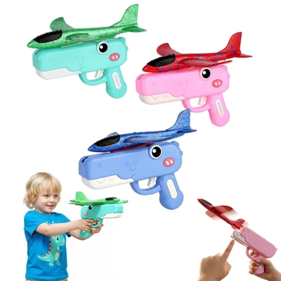 Foam Glider Airplane Launcher Toy Dinosaur Catapult Gun Aircraft Outdoor Flying Aircraft with Easy Load Mechanism Long Flight Distance Gliders Fun Birthday Gifts & Party Favors (3pcs)