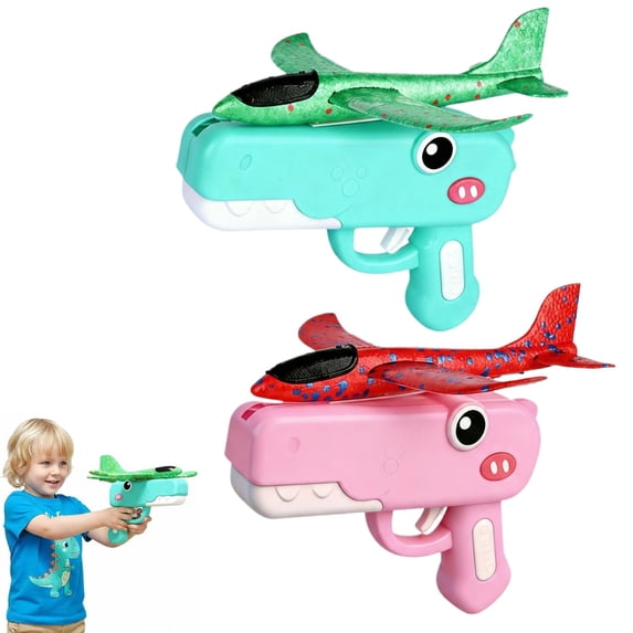 Foam Glider Airplane Launcher Toy Dinosaur Catapult Plane Gun Outdoor Flying Aircraft Easy-Load Long Distance Flight Fun Birthday Gifts & Party Favors for Boys & Girls,Pink,Green