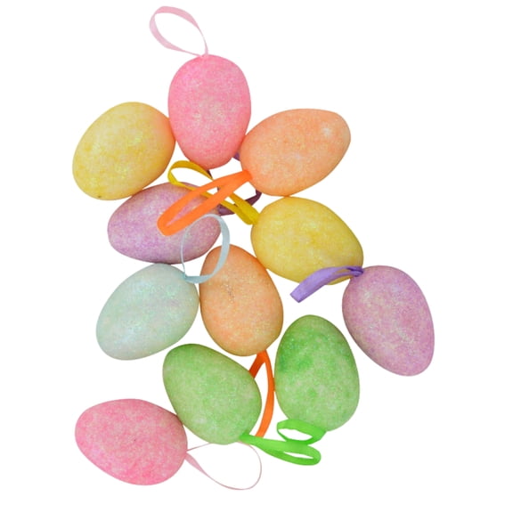 Foam Glittery Easter Egg Ornaments with Bows Hanging Easter Tree Ornaments for Tree Wreath Spring Home Indoor Outdoor Decor Easter Egg Hunt Basket Filler and Party Favor 12Pcs & CUSTOM Storage Carrier