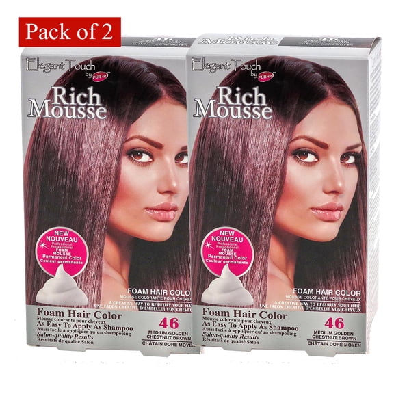 Foam Hair Color Rich Mousse Medium Golden Chestnut Brown #46, Elegant Touch By PUR-Est (Pack of 2)