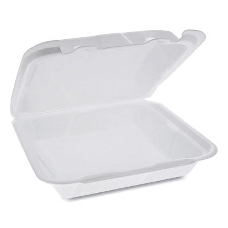 Foam Hinged Lid Container, Dual Tab Lock Happy Face, 8 x 7.75 x 2.25, White, 200/Carton Foam Hinged Lid Container, Dual Tab Lock Happy Face, 8 x 7.75 x 2.25, White, 200/Carton