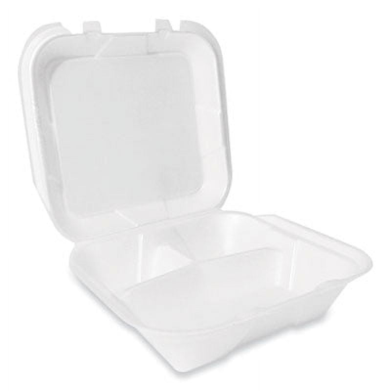 Foam Hinged Lid Container, Secure Two Tab Latch, Poly Bag, 9 x 9 x 3, White, 100/Bag, 2 Bags/Carton