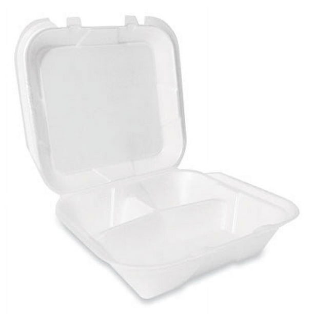 Foam Hinged Lid Container, Secure Two Tab Latch, Poly Bag, 9 x 9 x 3, White, 100/Bag, 2 Bags/Carton