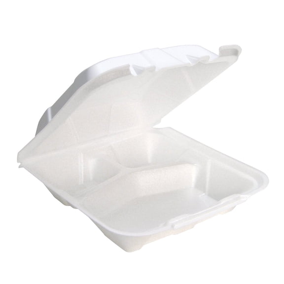 Lymra 9x9x3.125 inch 3-Compartment Foam Hinged Lid Takeout Boxes, Insulated for Hot & Cold Food, 150 Pack