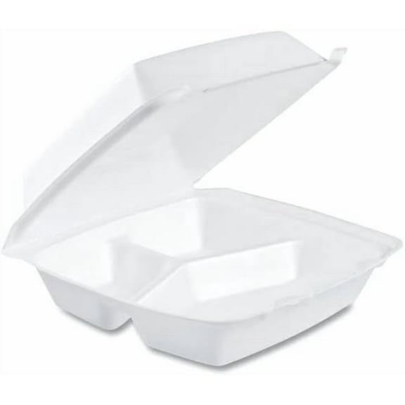 Foam Hinged Lid Containers with 3-Compartments - 200/Carton, 8.38 x 7.78 x 3.25 - Commercial Food Storage Containers