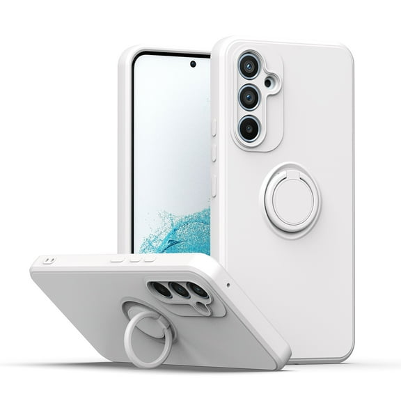 For Samsung Galaxy A15 Phone Case,Slim Liquid Silicone 360 Rotating Ring Holder Kickstand Support Car Mount Soft Rubber Hybrid Hard Protection Shockproof Bumper Girl Women Cover,White