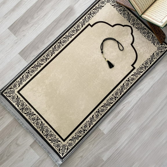 Foam Padded Prayer Mat, Muslim Prayer Rug, Anti-Slip Designer Sejadah 801 Beige 66x113 cm