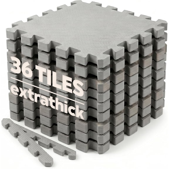 Foam Play Mat for Floor - 36 Interlocking Tiles 71x71 in, 0.6" Thick Puzzle Mat for Baby, Toddler & Home Gym, Cross-Texture EVA Foam, Edge Borders Included, Solid Gray
