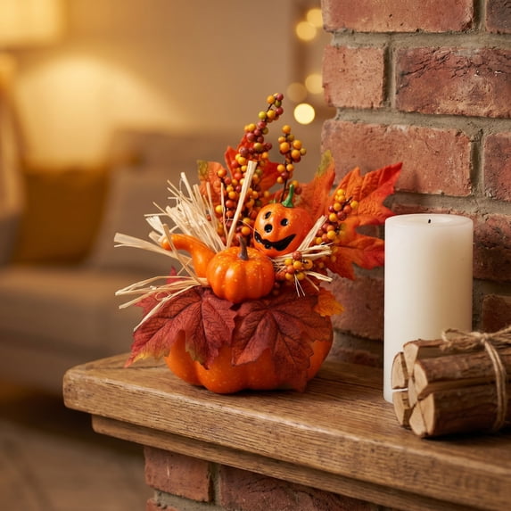 Foam Pumpkin Centerpiece Fall Table Decor With Maple Leaves Sunflowers Berries For Thanksgiving Halloween Harvest Home Mantel Display