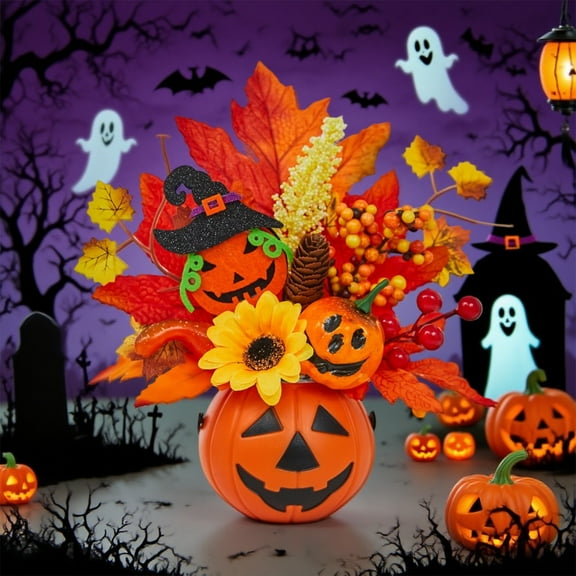 Foam Pumpkin Ornament with Leaves and Berries for Home Decor, Thanksgiving Table Centerpiece, Halloween Party Desktop Decoration