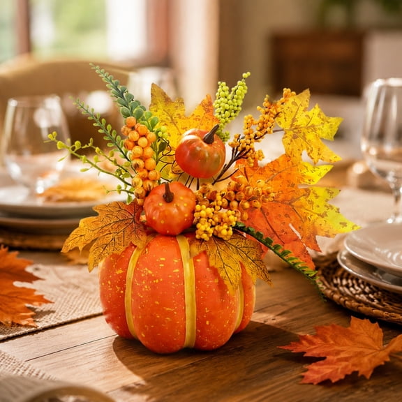 Foam Pumpkin Table Centerpiece, Assembled Artificial Fall Arrangement with Maple Leaves Berries, Harvest Pumpkin Decor Set, Tabletop Ornament for Thanksgiving Halloween Holiday