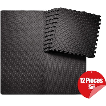 PULNDA 24.8" x 24.8" Black EVA Foam Interlocking Floor Mats 50 Sq Ft Coverage Area 12 Pieces