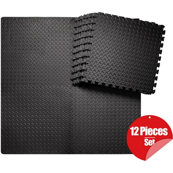 PULNDA 24.8" x 24.8" Black EVA Foam Interlocking Floor Mats 50 Sq Ft Coverage Area 12 Pieces