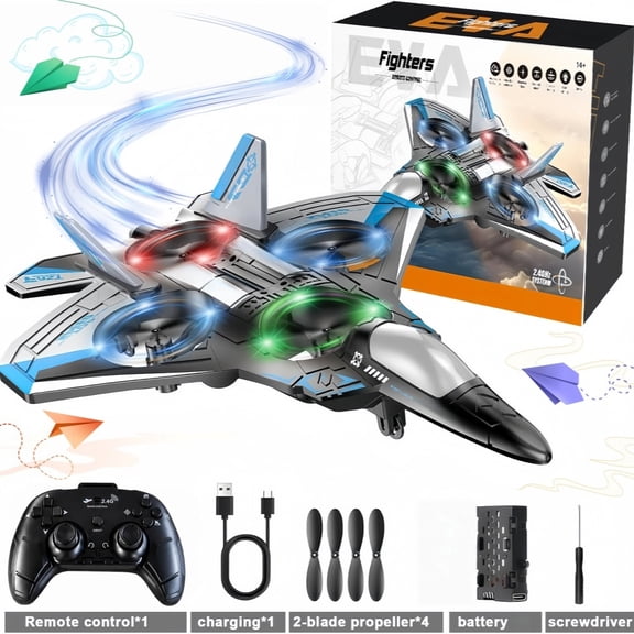 Foam Remote Control Airplane,RC Airplane for Kids, Adults Beginners, Fighter Jet with LED Lights, Altitude Hold, 360 Flip Stunt Rotation, Fighter Jet Glider with Auto Return,Flying Toy
