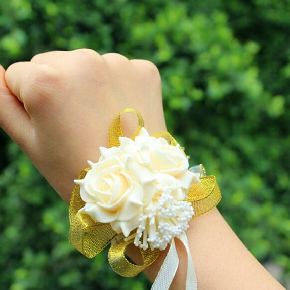 Foam Rose Flowers Bridal Bridesmaid Wrist Corsage Wedding Party Ribbon Bracelet Off-White Foam Ribbon Elastic Wrist Band