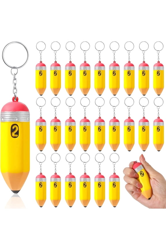 25 Pcs Foam Squeeze Pencil Keychains Bulk Pack – Cute Stress Relief Pencil Key Chains, Fun Gifts for Office, School & Party Favors