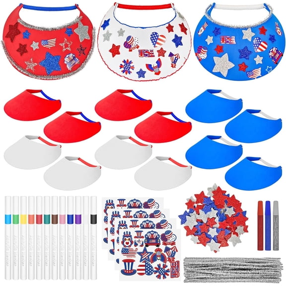 Foam Sun Visor Craft Kit, 12-Set DIY 4th Of July Visors With Sticker Sheets, Red White Blue, For Independence Day Parade, Beach Party, Outdoor Sports
