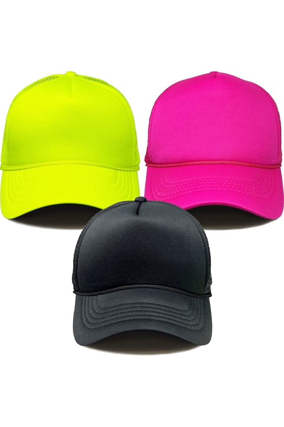 Foam Trucker Hat Bundle - 3 Pack - Black, Hot Pink, Neon Yellow
