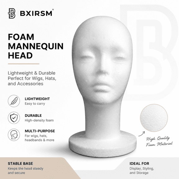 Foam Wig Head Stand, 11.8" Tall Female Mannequin Head for Wigs Hats Masks Display, Lightweight Styrofoam Holder with Stable Base for Salon Home