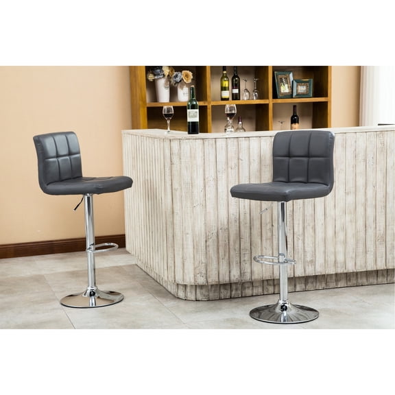 Hydraulic Adjustable Height / Outdoor & Indoor Settings / Gray Faux Leather Bar Stool Pair
