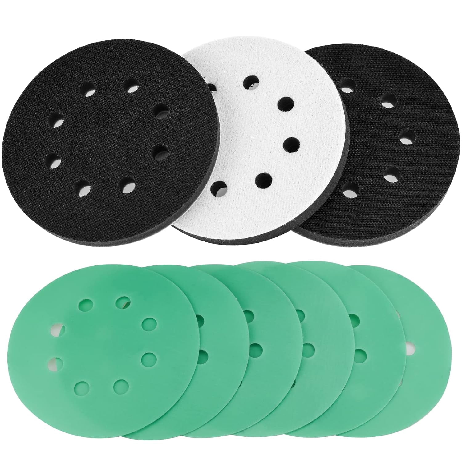 Foam sanding pads suitable for orbital sanders - 3 pieces of 5-inch 8-hole interface hook-and-loop sanding pads, with 6 pieces of sandpaper