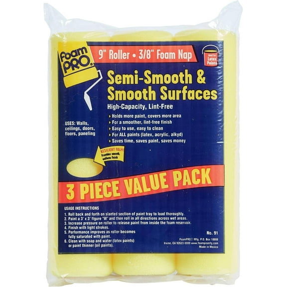 FoamPRO 91 9" Smooth & Semi-Smooth Surface Roller Cover, Pack of 3, 3 Pack