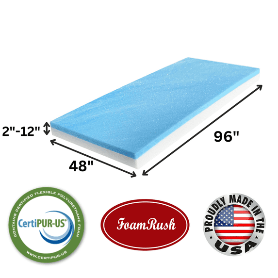 FoamRush 2" x 48" x 96" Cool Gel Memory Foam Seat Cushion Replacement Medium Firm (Upholstery Foam, Seat Replacement, Upholstery Sheet, Foam Rubber Padding, Couch, Sofa Cushion, Mattress)Made in USA