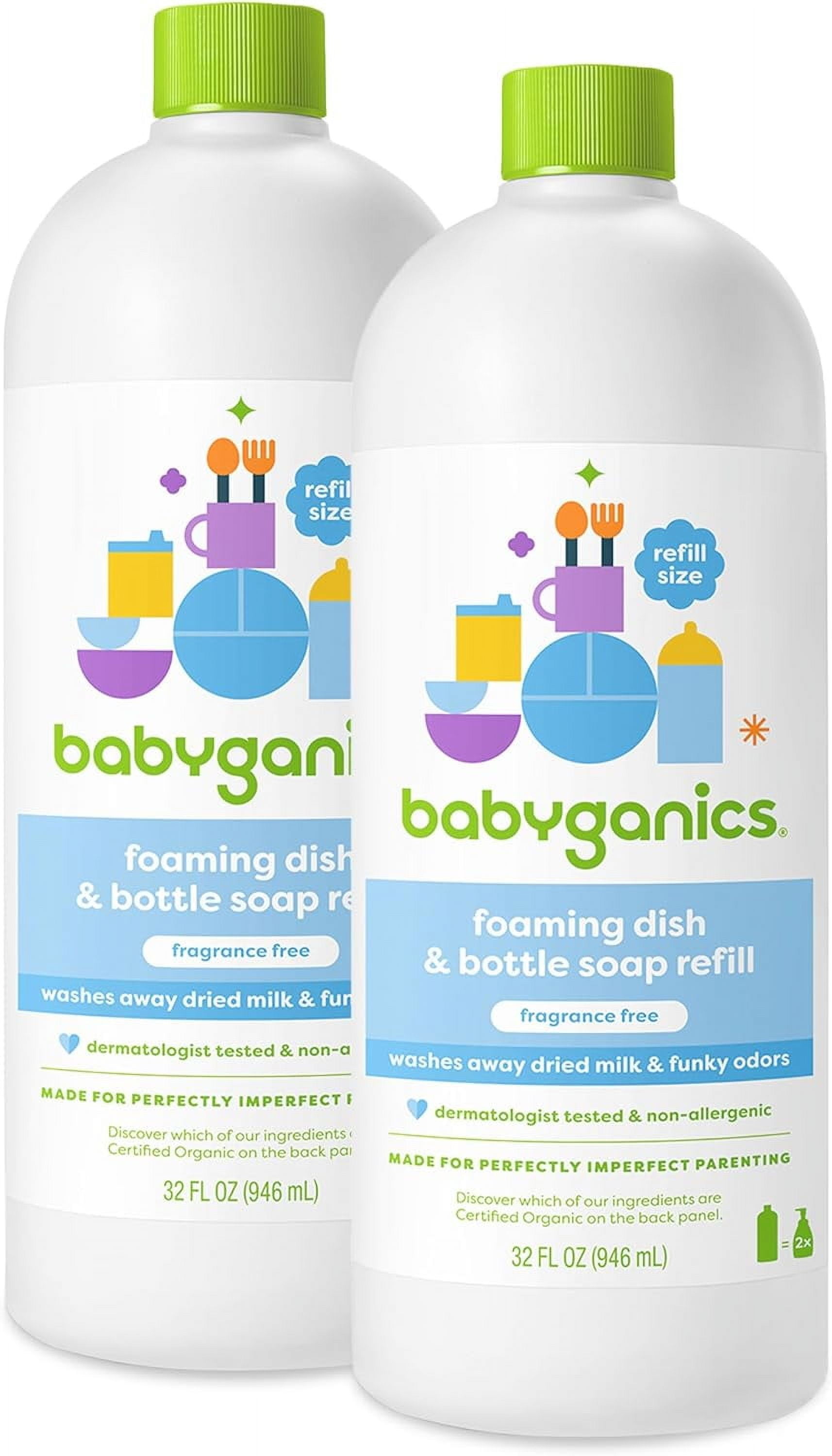 Babyganics Foaming Dish & Bottle Soap, Fragrance Free, Removes Dried Milk, 32 Fl Oz (Pack of 2), Packaging May Vary